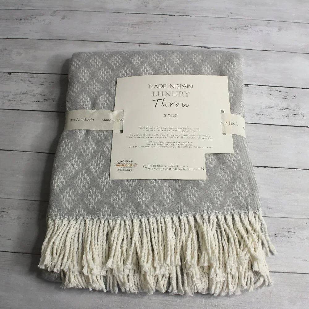 Made in Spain Throw Blanket Gray Cream with Fringe Cotton Blend